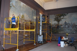 Photograph of "Spring" and "Summer" murals being conserved. Credit: Virginia Historical Society.