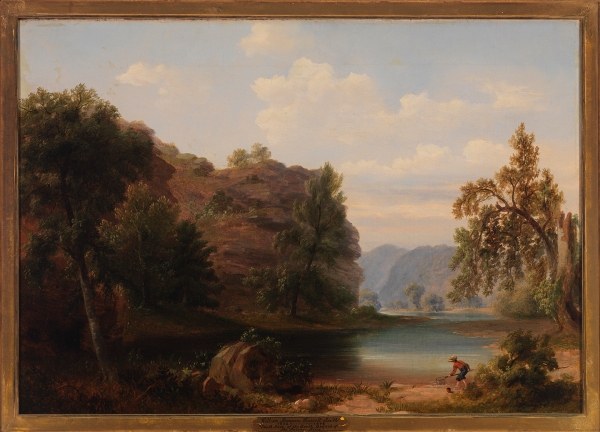 South Fork of the South Branch of the Potomac River, about 1848, Russell Smith, bequest of Lora and Claiborne Robins, 2013.86.1. Along the bottom of drawings that he made in the field, Smith jotted down notes that are evidence that he strove to be entirely accurate. However, in this finished oil painting derived from one of his field sketches, the artist altered the types, positions, and heights of trees, and he shifted landscape features in order to construct what he considered to be a proper finished painting in the tradition of the Picturesque (“looking like a picture”).